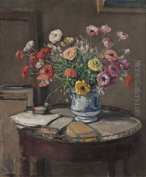 Vase De Fleurs Et Livres Sur Une Table Oil Painting by Albert Andre