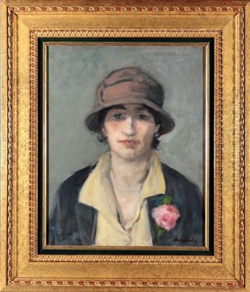 Portrait De Femme Au Chapeau Cloche, Une Rose Au Revers De Son Tailleur Oil Painting by Albert Andre