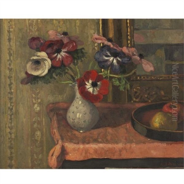 Nature Morte: Vase De Fleurs Et Fruits Sur Une Table Oil Painting by Albert Andre