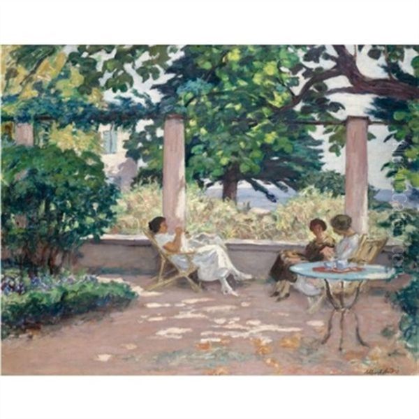 Trois Jeunes Femmes Sur Une Terrasse A Landau Oil Painting by Albert Andre