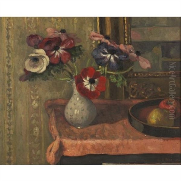 Nature Morte: Vase De Fleurs Et Fruits Sur Une Table Oil Painting by Albert Andre