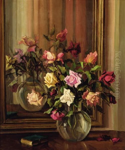 Roses In A Glass Vase Before A Mirror Oil Painting by Albert Andre