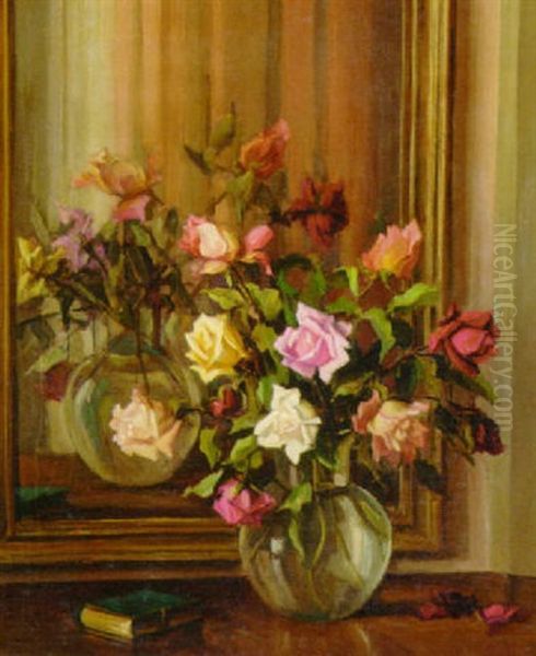 Roses In A Glass Vase Before A Mirror Oil Painting by Albert Andre