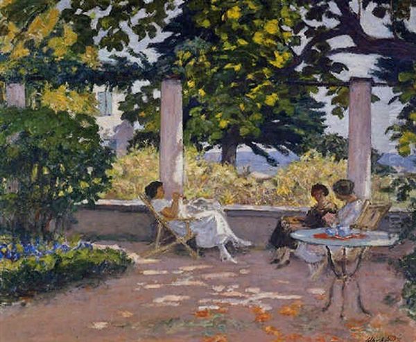 Trois Jeunes Femmes Sur Une Terrasse A Landau Oil Painting by Albert Andre