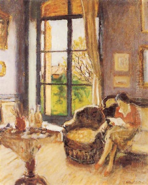 Femme Lisant Dans Un Interieur Oil Painting by Albert Andre