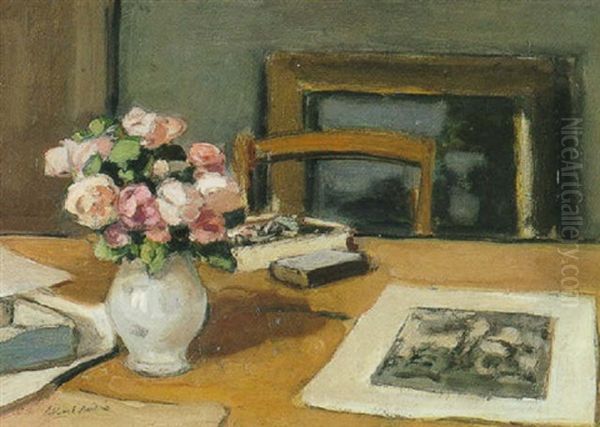 Nature Morte A La Table Aux Livres Et Au Vase De Fleurs Oil Painting by Albert Andre