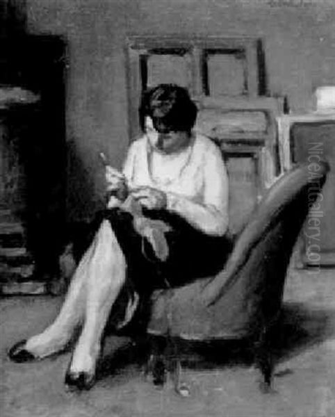 Seated Woman Knitting Oil Painting by Albert Andre