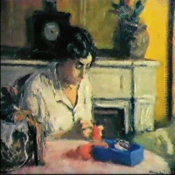 Lady Sewing Oil Painting by Albert Andre