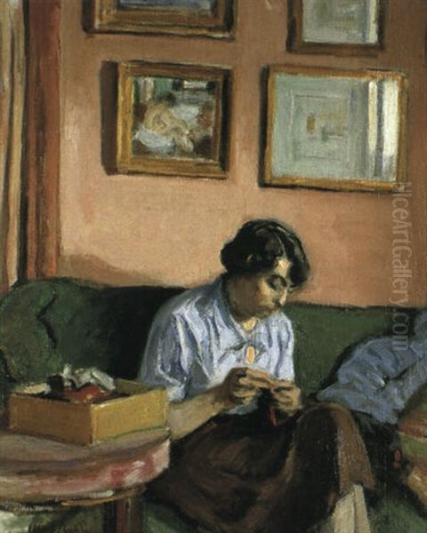 Interieur - Femme Cousant Oil Painting by Albert Andre