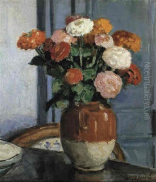 Bouquet De Zinias Oil Painting by Albert Andre