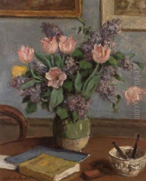 Bouquet De Lilas Et Tulipes Oil Painting by Albert Andre