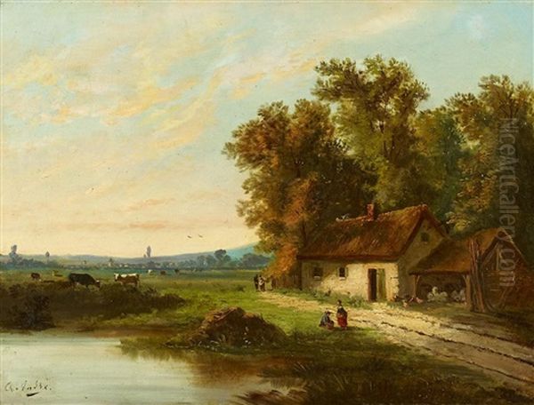 Bauernkaten Am Ufer Oil Painting by Charles Hippolyte Andre