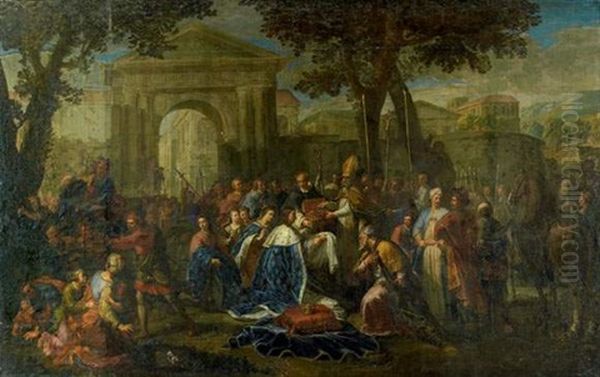 Saint Louis, Accompagne De La Famille Royale, Recoit La Couronne D'epines Des Mains D'un Prelat Oil Painting by Jean (Frere Andre) Andre