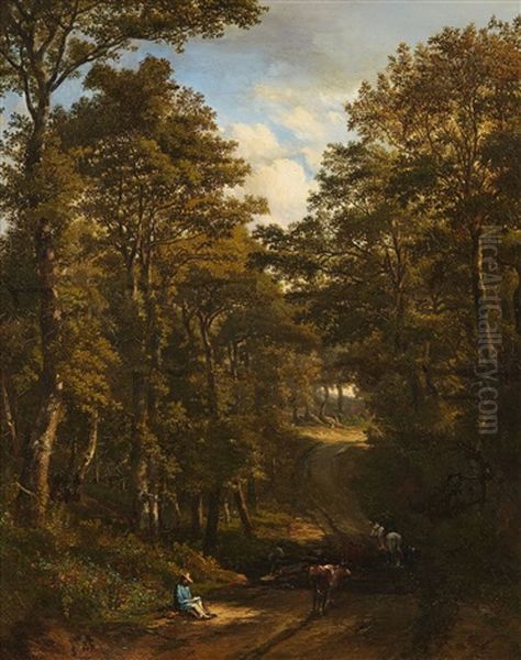 A Woodland Road With Rider And Cows Oil Painting by Jules Andre