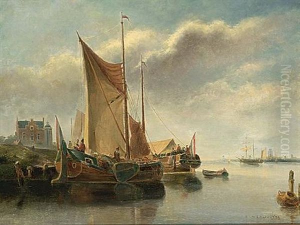 Dutch Sailing Vessels Near The Coast Oil Painting by Willem L. Andrea