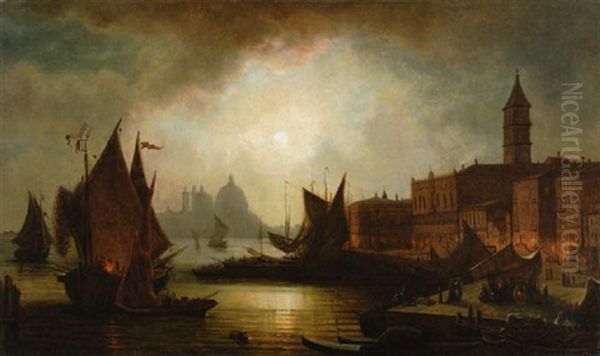 Venedig Bei Mondlicht: Blick Vom Mit Segelbooten Belebten Bacino Di S. Marco Auf Molo Rechts Und S. Maria Della Salute Links Oil Painting by Tobias Andreae