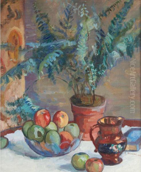 Still Life With Potted Fern, Apples And Jug Oil Painting by Lucien Abrams