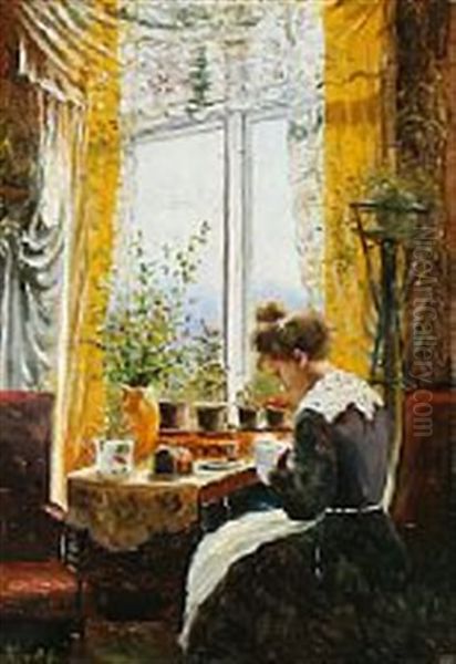 Interior With A Woman Sewing Oil Painting by Signe Andreasen