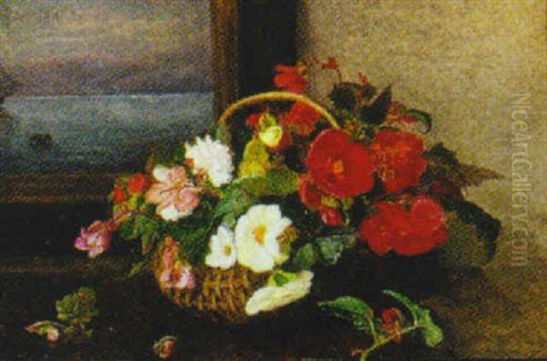 Opstilling Med Blomster I Kurv Oil Painting by Signe Andreasen