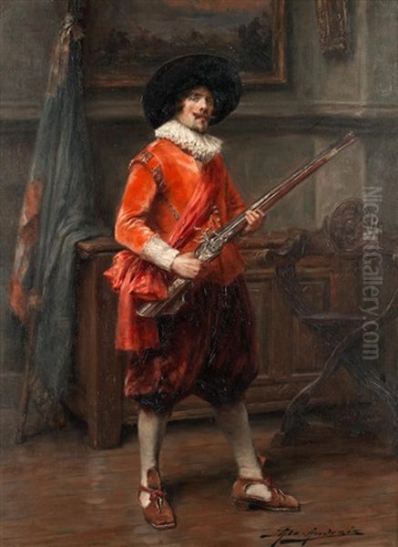 Cavalier Holding A Musket Oil Painting by Alex De Andreis