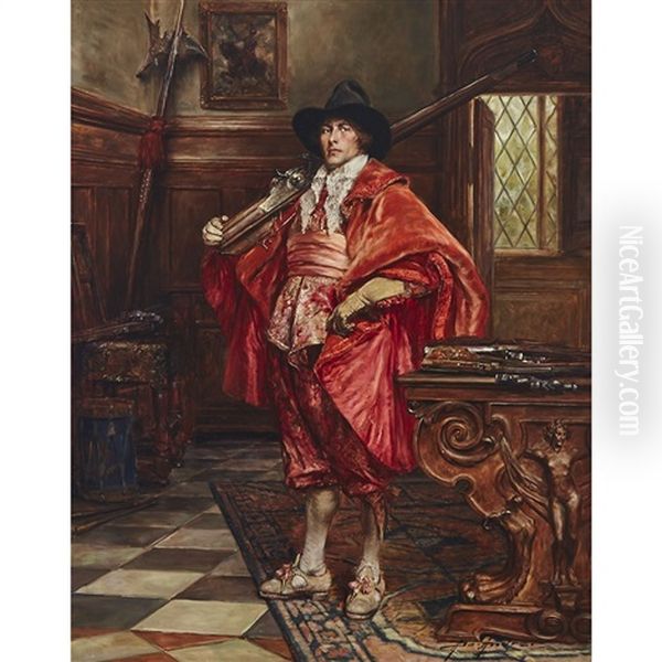 Cavalier Standing In A Panelled Interior Oil Painting by Alex De Andreis