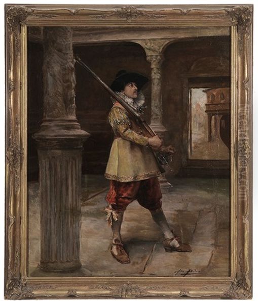 Cavalier With Gun In A Castle Interior Oil Painting by Alex De Andreis