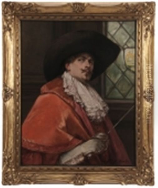 Portrail Of A Cavalier Holding A Sword Oil Painting by Alex De Andreis