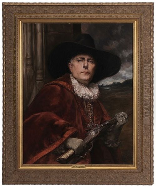 Portrait Of A Cavalier Holding A Gun In A Doorway Oil Painting by Alex De Andreis