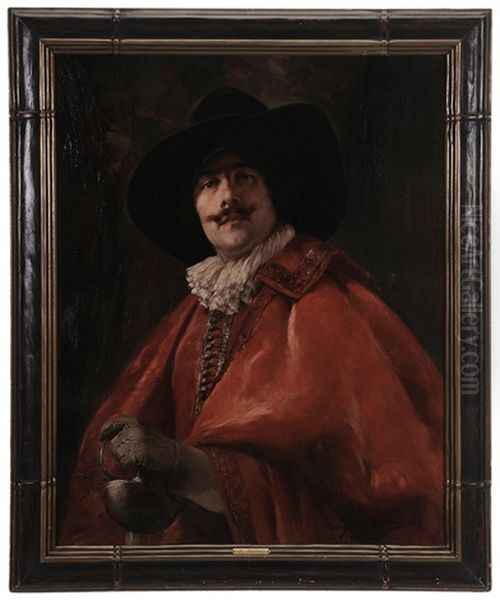 Cavalier Holding A Sword And Wearing A Red Cape Oil Painting by Alex De Andreis