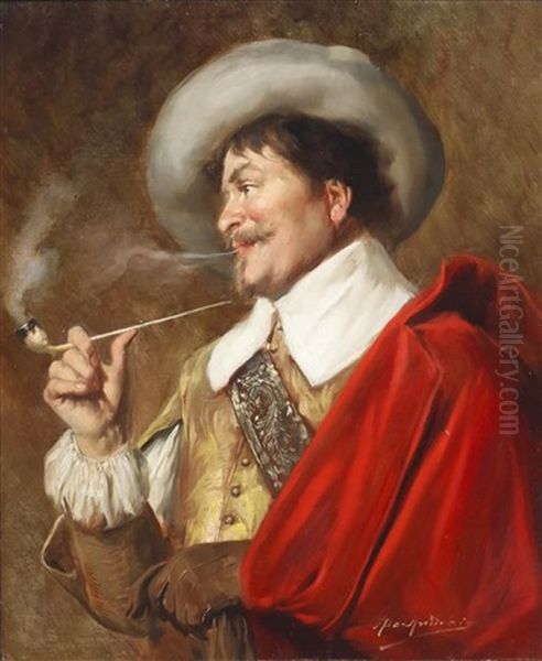 A Cavalier Smoking A Pipe Oil Painting by Alex De Andreis