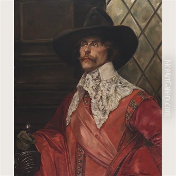 Cavalier In A Red Cloak Before A Leaded Window Oil Painting by Alex De Andreis