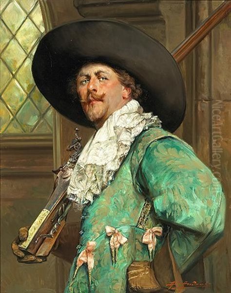 A Portrait Of A Cavalier Holding A Musket Oil Painting by Alex De Andreis