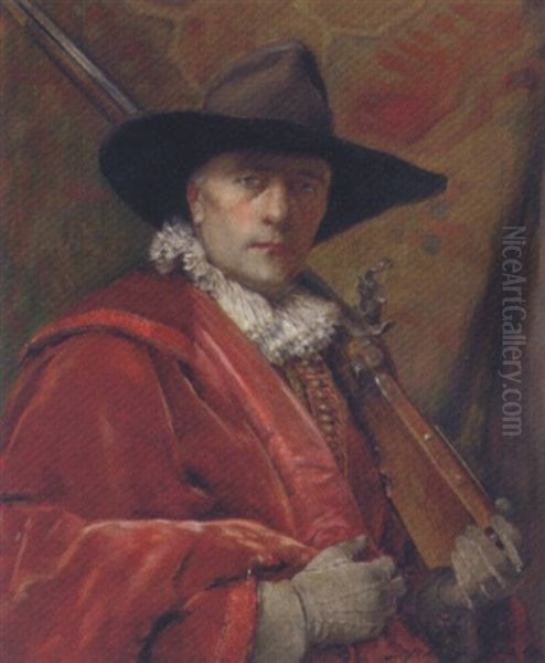 Portrait Of A Dashing Cavalier Holding A Musket Oil Painting by Alex De Andreis