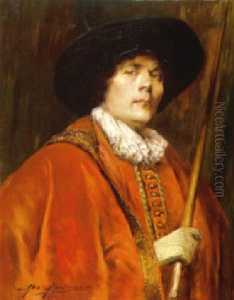 A Portrait Of A Young Man In A Red Cape With A Walking Stick Oil Painting by Alex De Andreis