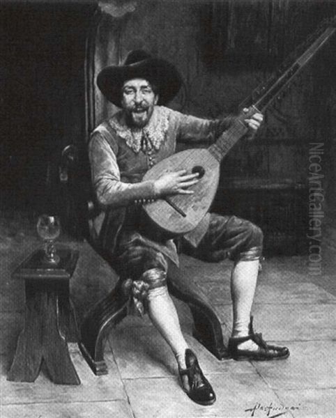 Cavalier Playing The Mandolin Oil Painting by Alex De Andreis