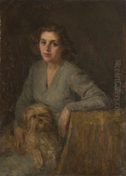 Ritratto Di Signora Con Cagnolino Oil Painting by Attilio Andreoli