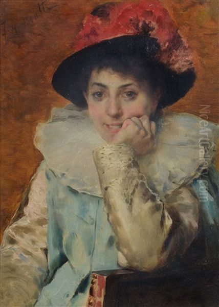 Girl In A Pink Plumed Hat Oil Painting by Federico Andreotti