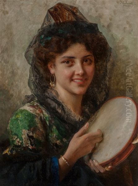 Girl With A Tambourine Oil Painting by Federico Andreotti