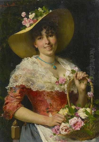 Junge Italienierin Mit Einem Korb Rosen Oil Painting by Federico Andreotti