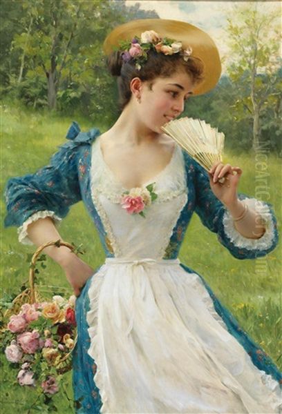 Young Beauty With A Basket Of Roses Oil Painting by Federico Andreotti