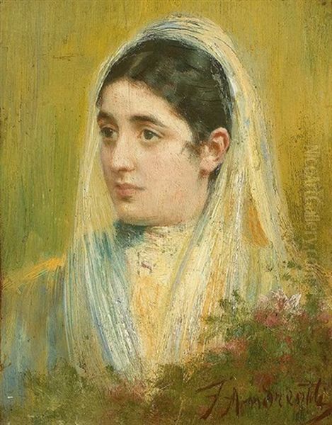 Buste Einer Jungen Frau Hinter Rosenhag Oil Painting by Federico Andreotti