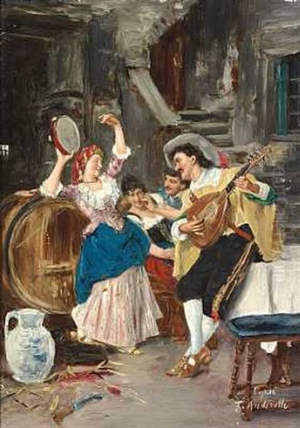 Kroscene Med Mandolinspillende Herre Og Dansende Ung Kvinde Oil Painting by Federico Andreotti