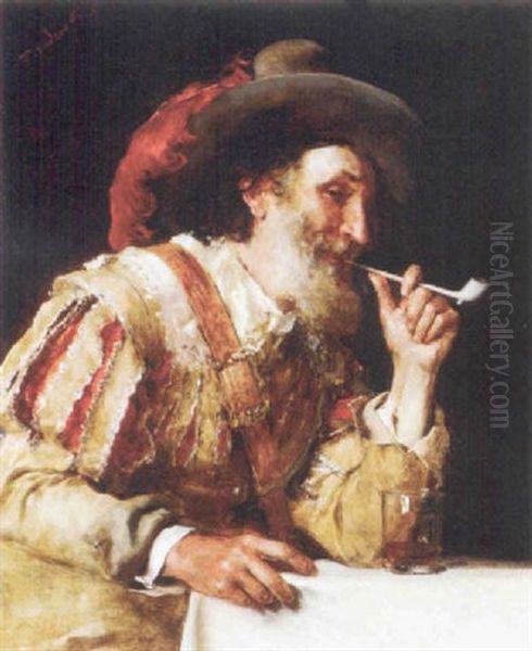 A Distinguished Cavalier Smoking A Pipe Oil Painting by Federico Andreotti