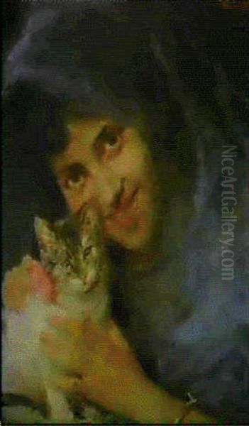 A Young Woman Holding A White Kitten Oil Painting by Federico Andreotti