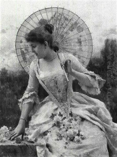 Seated Lady With Parasol Oil Painting by Federico Andreotti