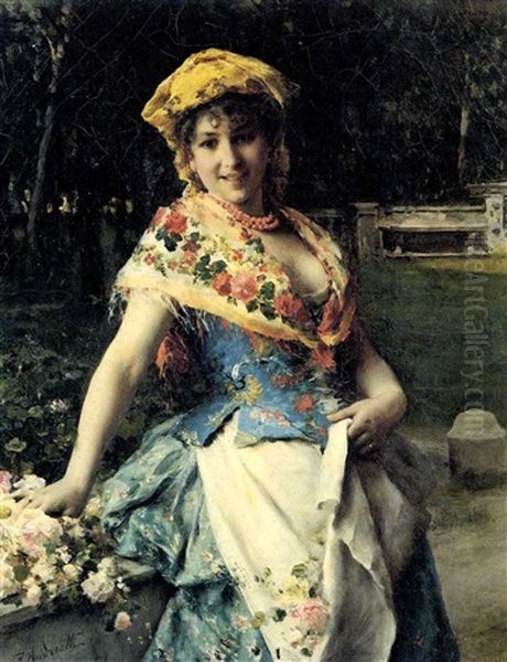 Young Beauty With A Apron Filled With Flowers Oil Painting by Federico Andreotti