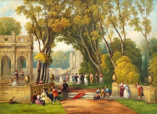 Elegant Figures In The Gardens Of A Palace Oil Painting by George Henry Andrews