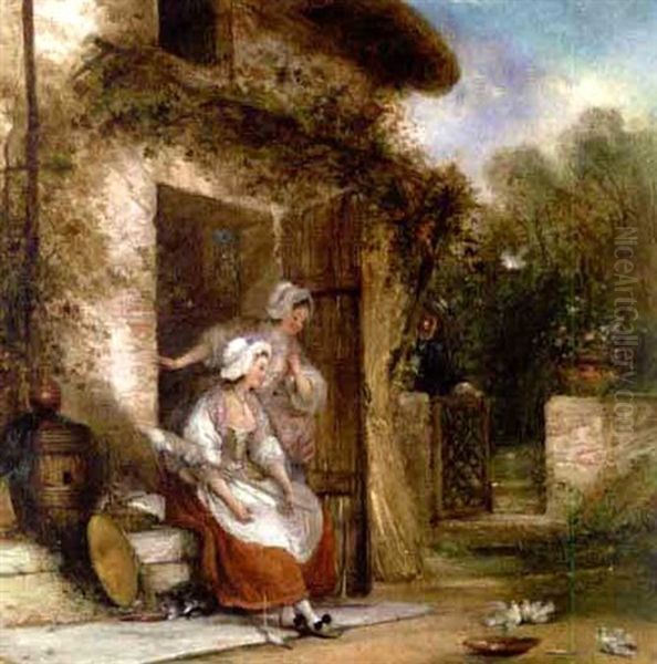 An English Doorway - Outside The Cottage Door Oil Painting by George Henry Andrews