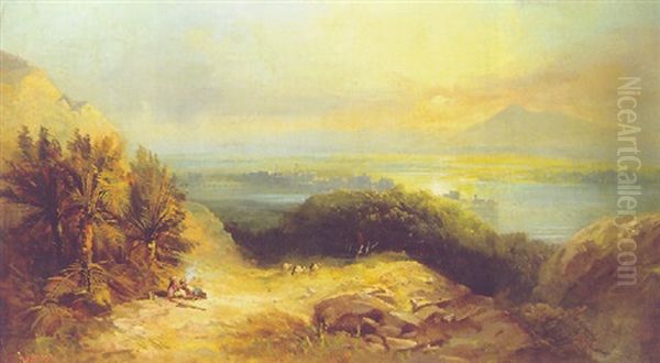 Travellers On A Hill Before An Eastern City Oil Painting by George Henry Andrews