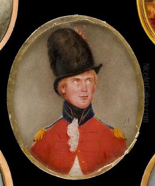 An Officer, Wearing Red Coatee With Blue And Gold Collar And Epaulettes, White Waistcoat, Frilled Chemise And Tied Black Stock Oil Painting by Samuel Andrews